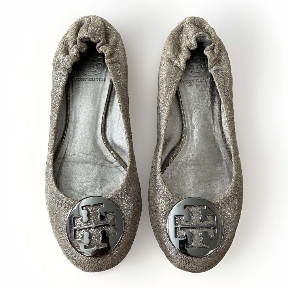Tory Burch metallic Silver Logo Ballet Flats Round Toe Slip On Leather Size 7